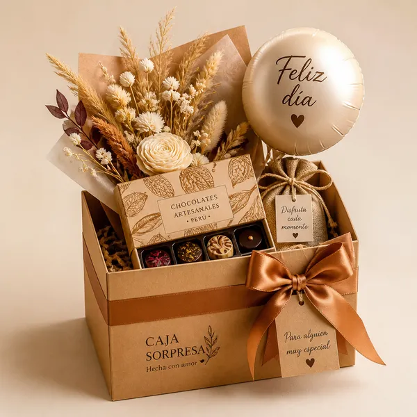 Caja Sorpresa con chocolates artesanales, flores secas y globo